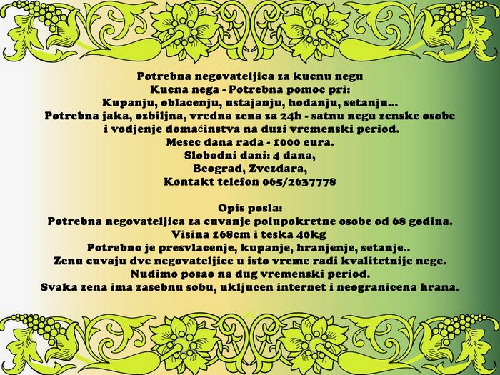 Potrebna negovateljica za kucnu negu - Briga o Starima Tražim Nudim Posao Oglasi Beograd Potrebna negovateljica za kucnu negu - Briga o Starima Tražim Nudim Posao Oglasi Beograd