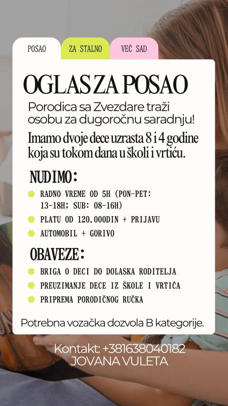 Posao za stalno: Briga o deci 4 i 8 godina - Briga o Deci Tražim Nudim Posao Oglasi Beograd