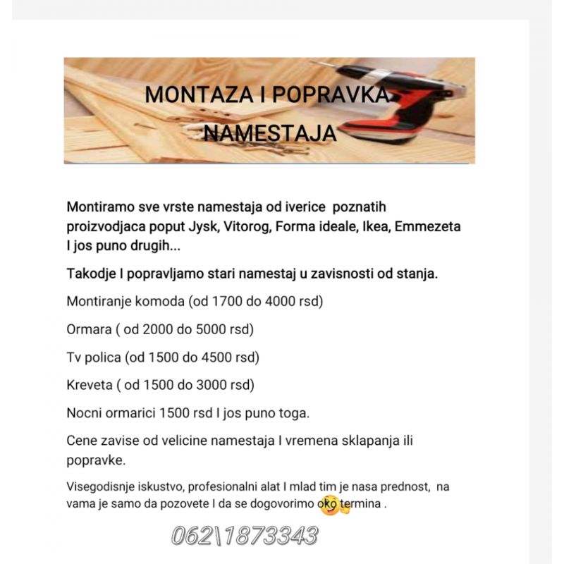 Montaza i popravka namestaja - Stolarske Usluge Oglasi Beograd