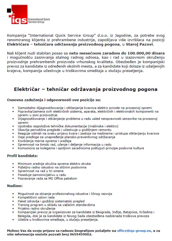 Električar - tehničar održavanja proizvodnog pogona - Tražim Bilo Koji Posao Oglasi Beograd Električar - tehničar održavanja proizvodnog pogona - Tražim Bilo Koji Posao Oglasi Beograd