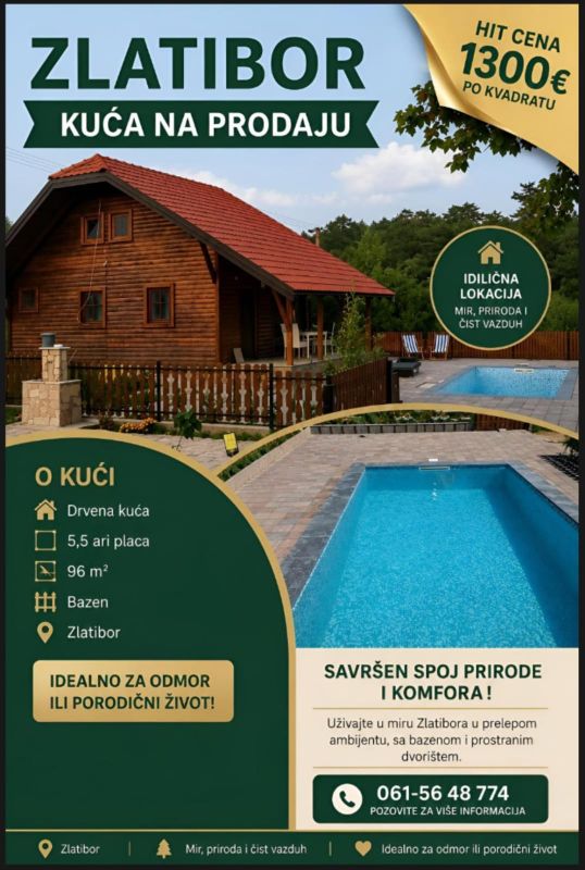 Zlatibor, drvena kuca sa bazenom na prodaju 96 m2 na placu od 5,5 ari - Prodaja Kuća Oglasi Beograd