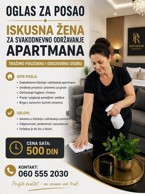 Potrebna žena za održavanje apartmana - Održavanje Domaćinstva Tražim Nudim Posao Oglasi Beograd