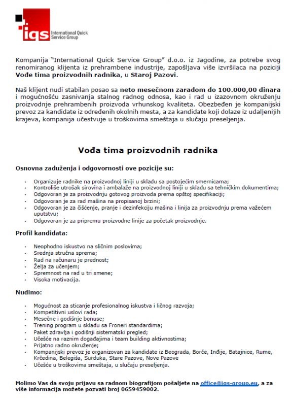 Vođa tima proizvodnih radnika - Tražim Bilo Koji Posao Oglasi Beograd Vođa tima proizvodnih radnika - Tražim Bilo Koji Posao Oglasi Beograd