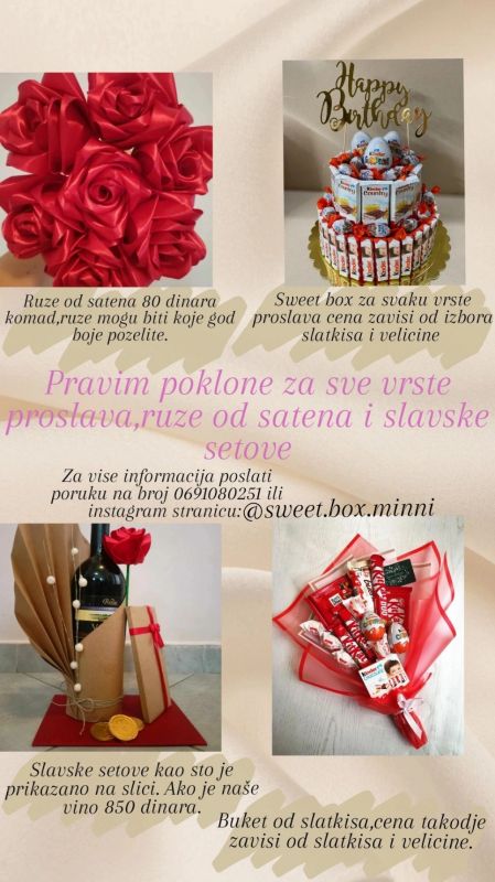 Pravim poklone za sve vrste proslava, ruze od satena u bilo kojoj boji i slavske setove - Proslava Organizacija Ketering Oglasi Beograd Pravim poklone za sve vrste proslava, ruze od satena u bilo kojoj boji i slavske setove - Proslava Organizacija Ketering Oglasi Beograd