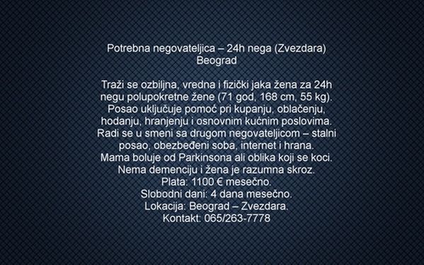 Potrebna negovateljica – 24h nega (Zvezdara)Beograd - Briga o Starima Tražim Nudim Posao Oglasi Beograd Potrebna negovateljica – 24h nega (Zvezdara)Beograd - Briga o Starima Tražim Nudim Posao Oglasi Beograd