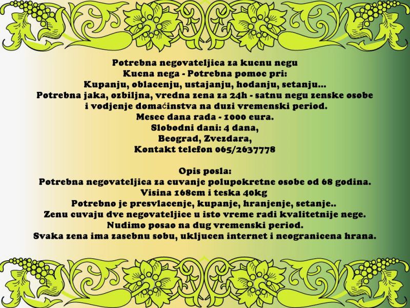 Potrebna negovateljica za kucnu negu - Briga o Starima Tražim Nudim Posao Oglasi Beograd Potrebna negovateljica za kucnu negu - Briga o Starima Tražim Nudim Posao Oglasi Beograd