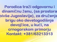 Porodica traži odgovornu i dinamičnu ženu za brigu o detetu na na crnogorskom primorju :: Briga o Deci Tražim Nudim Posao Oglasi Beograd