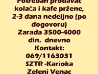 Potreban prodavac kolača i kafe pržene, 2-3 dana nedeljno (po dogovoru) :: Prodaja Marketing Oglašavanje Tražim Nudim Posao Oglasi Beograd